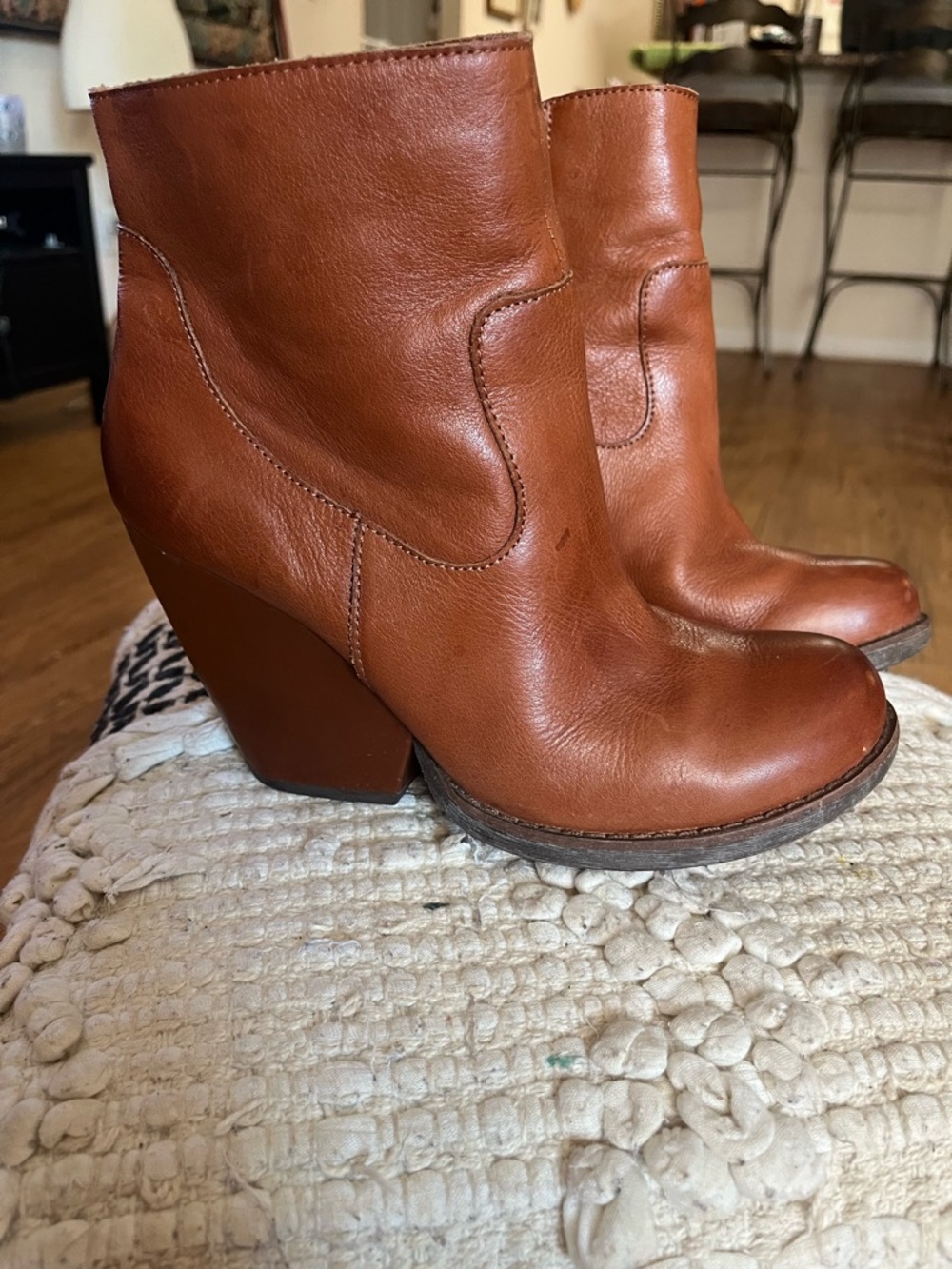 Korks Leather Ankle Boots Women’s 7.5 Cognac Brown Block Heel Western Style